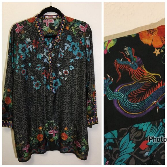 Johnny Was Kennedy Silk Embroidered Tunic Top Blouse Dragons Floral Artsy (IB) - Picture 2 of 16